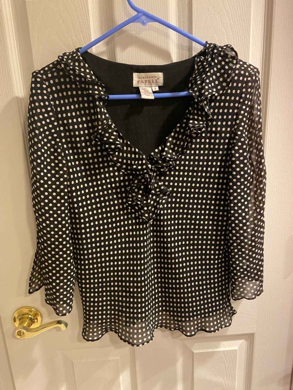Adrianna Papell Silk Black and White Polka Dot Ruffle V-Neck Blouse EUC 8 Y2K